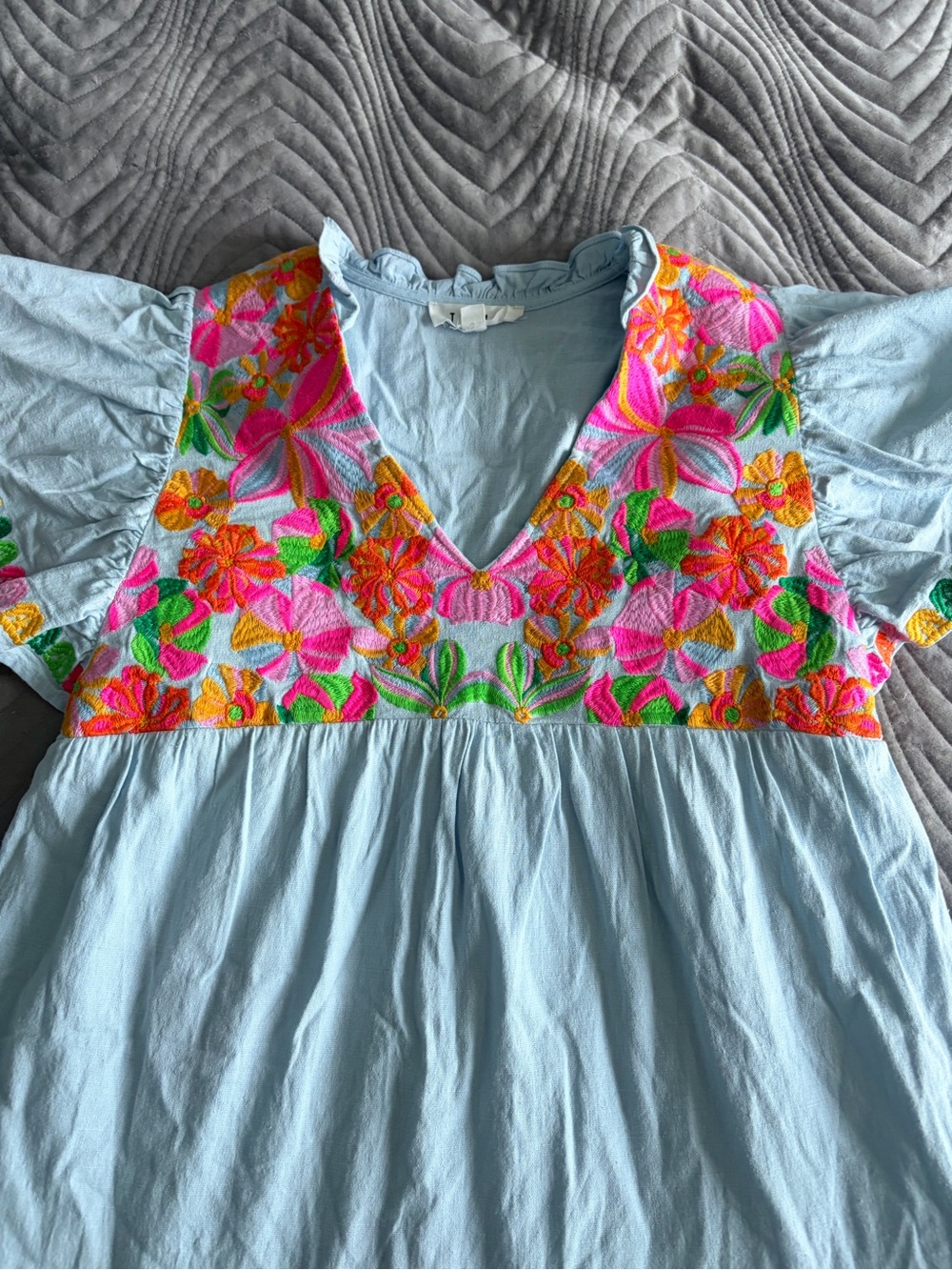 THML Light Blue Mini Dress with Bright Floral Embroidery - Picture 2 of 7